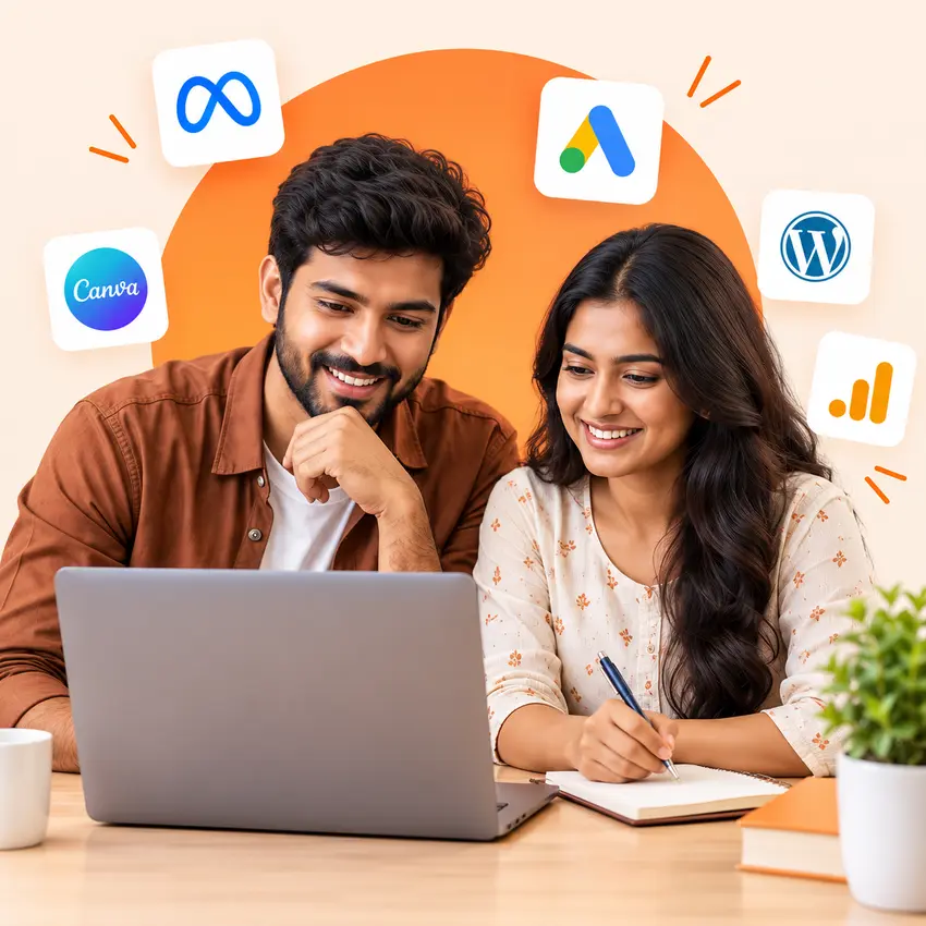 Illustration of two learners practising digital marketing together on a laptop